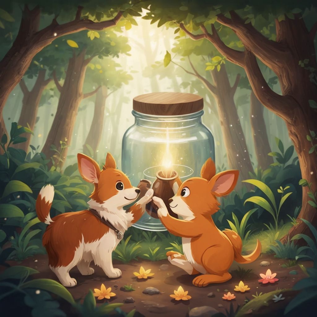 Kancil and Mousedeer discovering a giant glass jar with faint glowing light inside, surrounded by tiny glowing specks on the forest floor