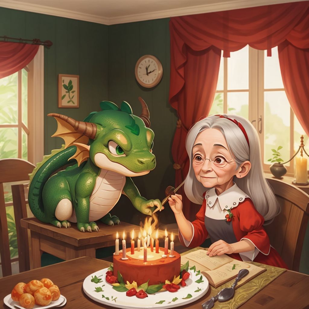 Fizz, the green dragon, gently blowing fire to light candles, with Mrs. Thompson in a red dress clapping happily