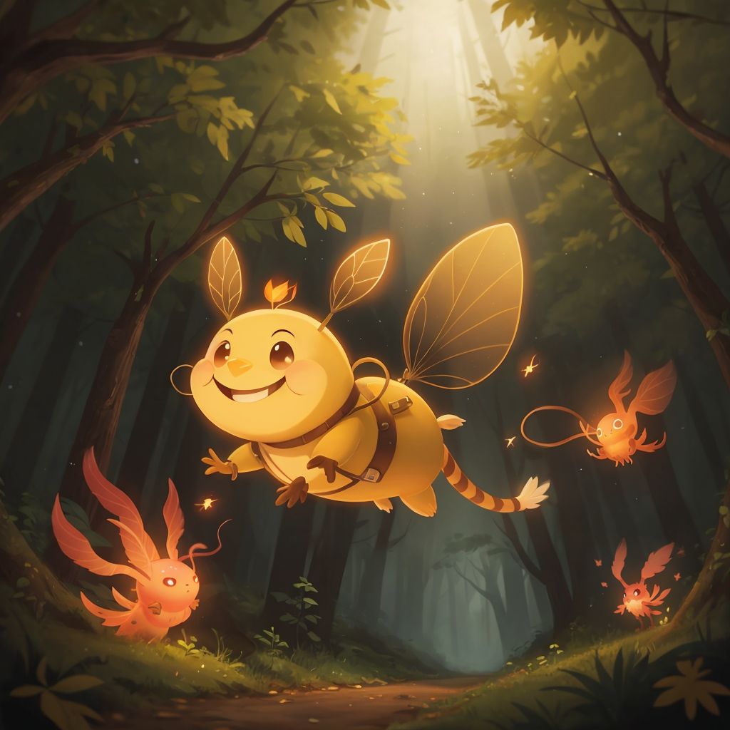 Spark flying proudly through the forest, with creatures around him glowing with joy