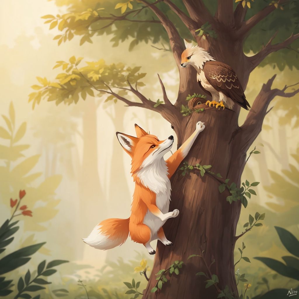 Felix the fox courageously climbing a tall tree with an eagle in his nest