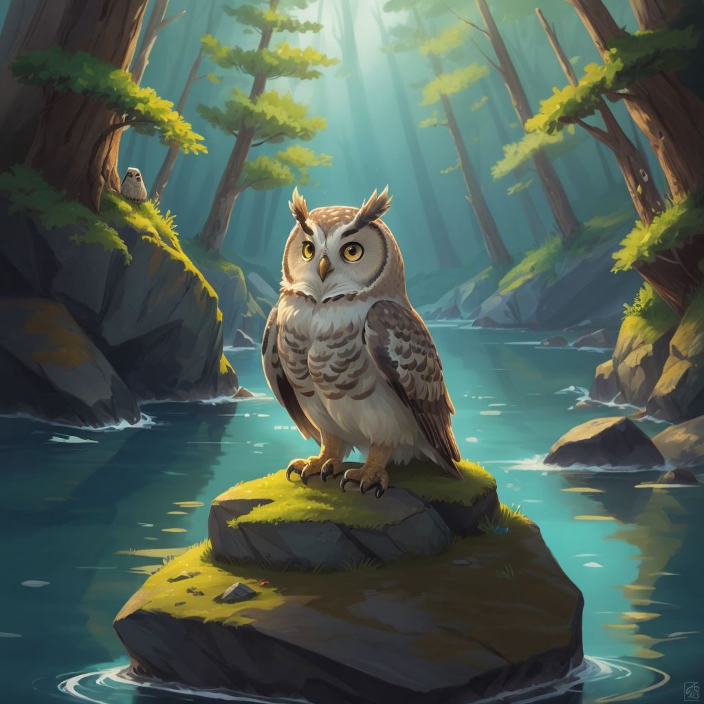 A magical owl sitting on a rock in a hidden cove, speaking