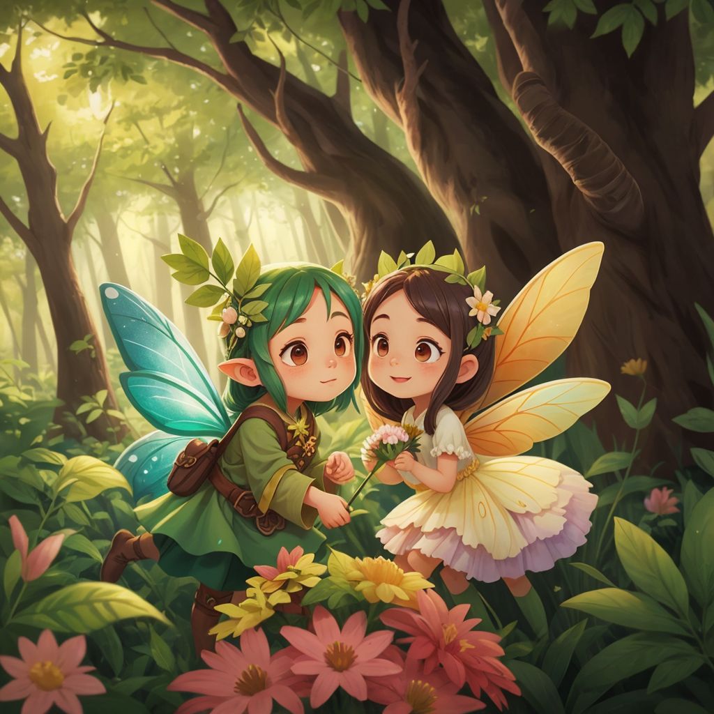 A breathtaking hidden garden with shimmering trees and rainbow-colored flowers, the Forest Fairy and Flower Fairy dancing among the magical blooms.