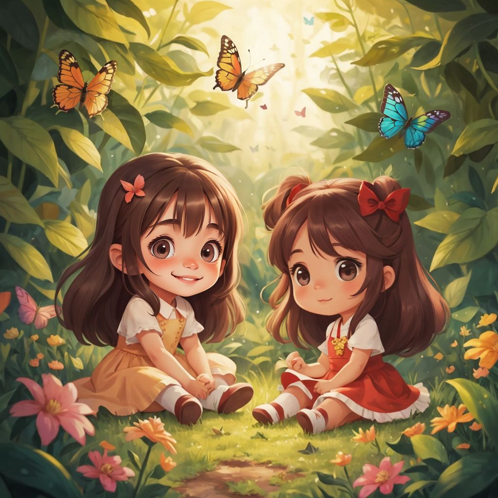 Liz and Remy sitting in a clearing with butterflies flying around