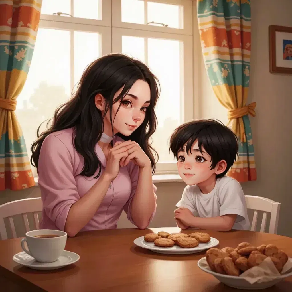 Mother and Zach sitting at the kitchen table, fresh cookies on a plate between them, Zach with a thoughtful expression on his face