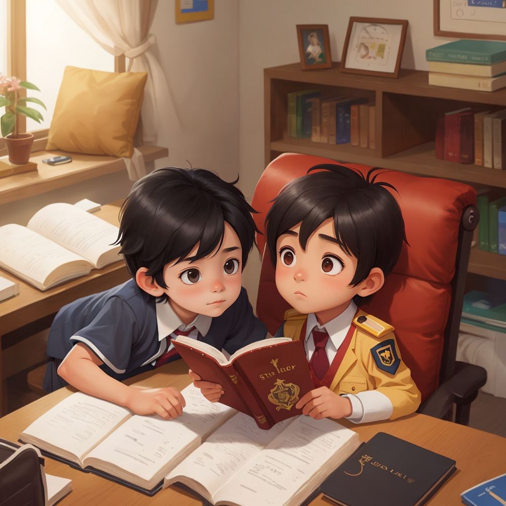 Alvaro and Avisena sitting together in the library corner, sharing a large storybook. Warm lighting and comfortable reading nook with pillows in the background