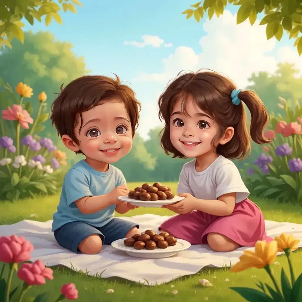 Omar and Dina sitting together in the garden, sharing dates and smiling