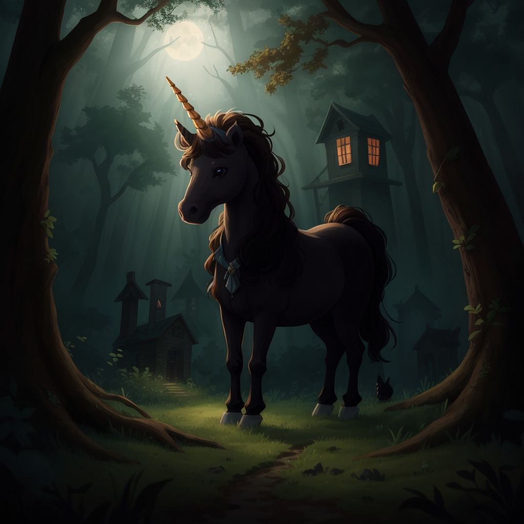 The spooky unicorn standing in front of an old, haunted house in the forest. annie biracial lightskinned curly hair and jack biracial boy standing in distance 