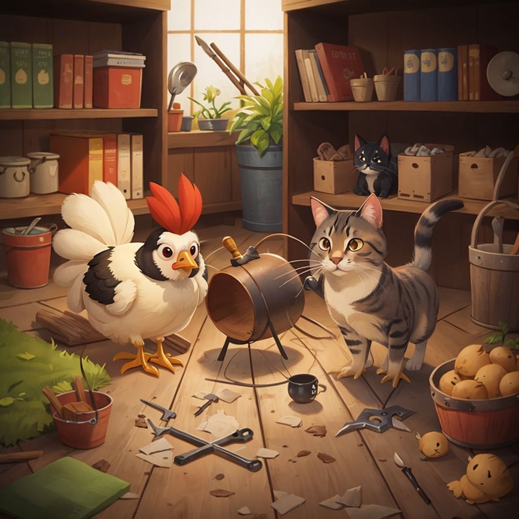 Greta the Chicken, Gruntik the Mole, and Velvet the Cat standing together in a quiet village, surrounded by shadows of missing items like buckets and small tools.