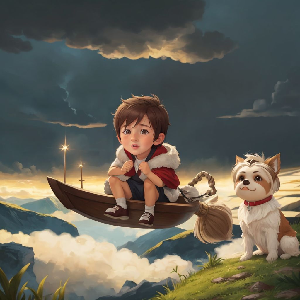 Albi looking a bit scared while floating on Nimbus as the sky turns dark and stormy. Winston barking bravely beside him.