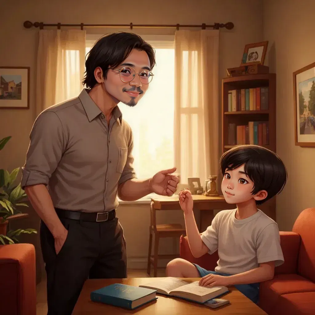 Ayah Rafiq encouraging Rafiq with a proud expression in a warmly lit living room