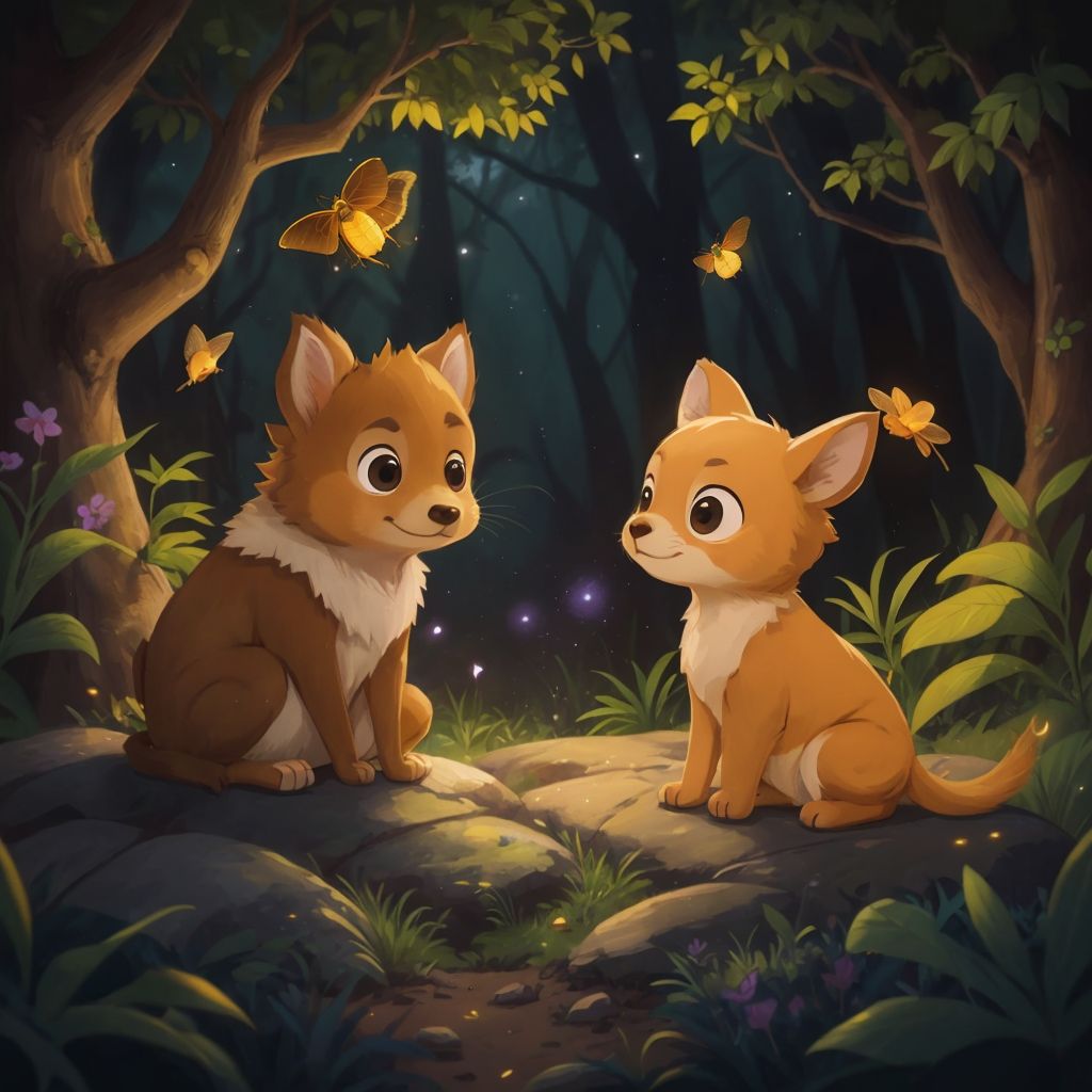 Kancil with a thoughtful expression while Mousedeer looks on with hopeful eyes, fireflies visible in the background