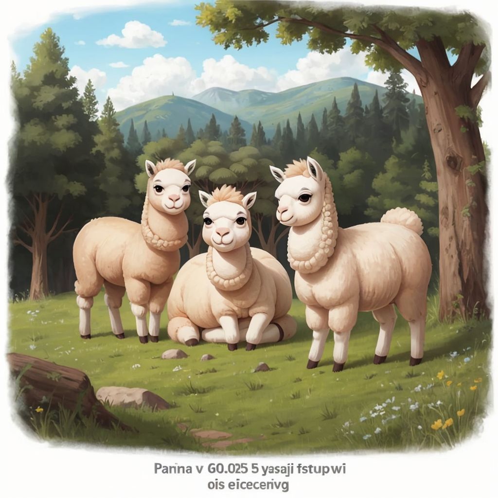 Annie the alpaca with tears in her eyes, sitting with her parents in a meadow, feeling a bit comforted.