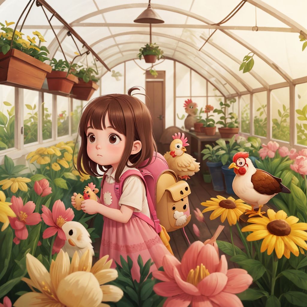 Rosie and Red playing hide and seek among blooming flowers in a colorful greenhouse.