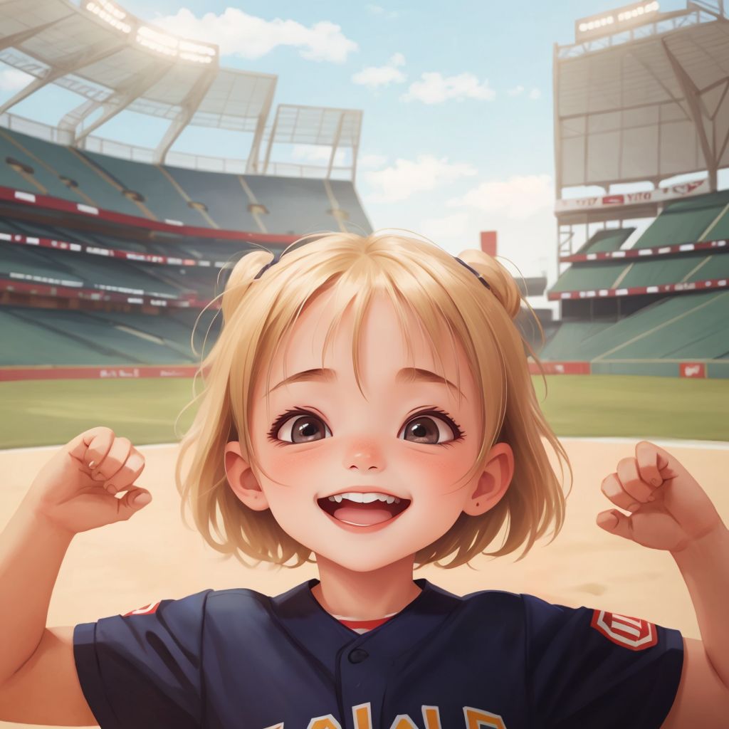 Ish catching a fly ball with excitement on her face, with a baseball stadium full of fans in the background.