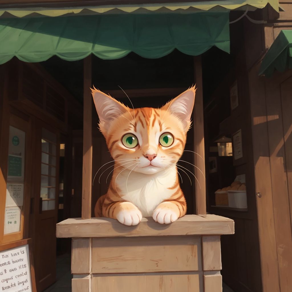 Tom, a ginger cat with emerald eyes, sitting proudly in front of the bakery entrance