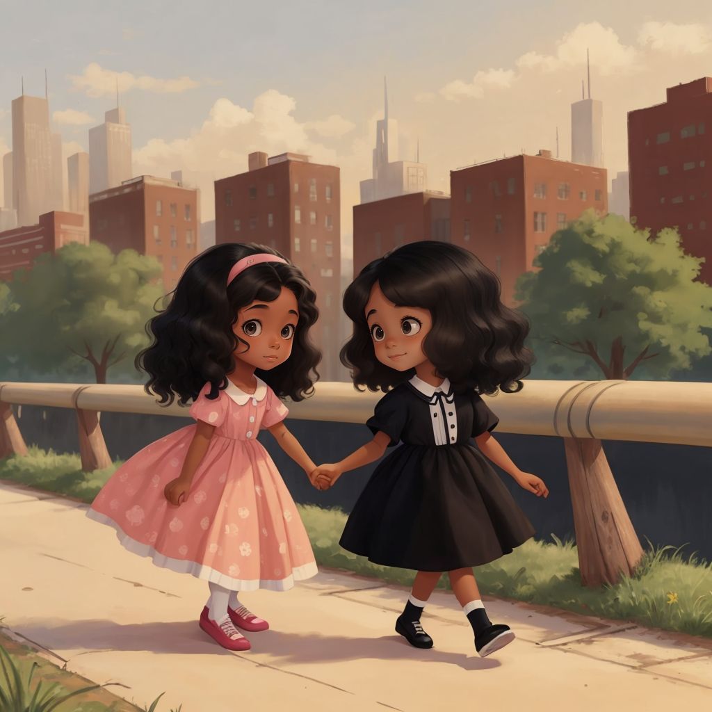 Hattie and Louise holding hands, looking at a bustling cityscape with curiosity