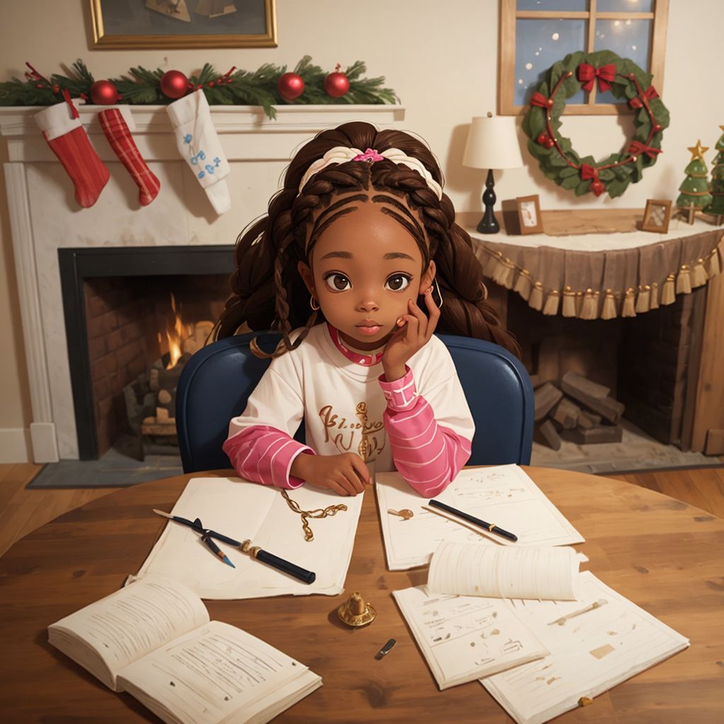 Charli with her brown braids focused on crafting at a table covered in craft supplies, ribbons, and paper. Holiday decorations visible on the walls.