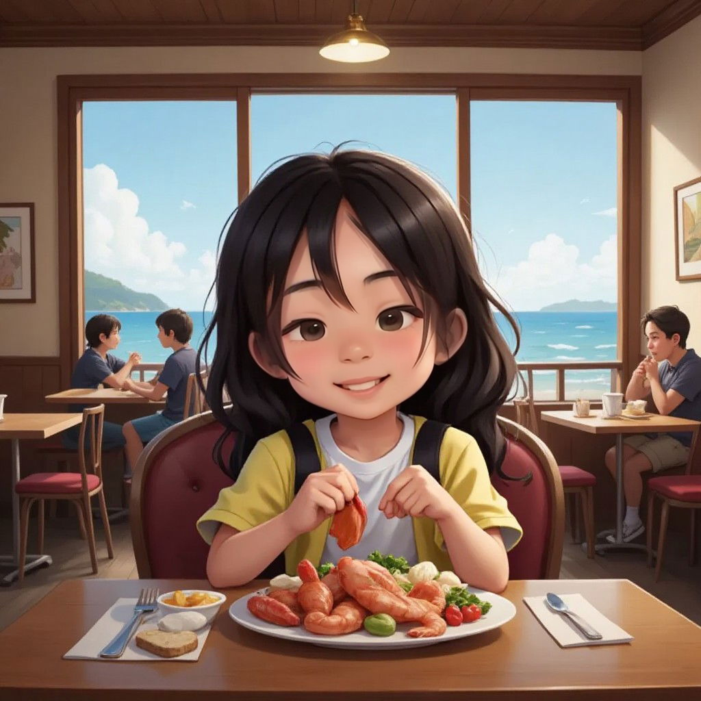 Yoyo enjoying a seafood meal at a small restaurant by the ocean, looking satisfied and grateful