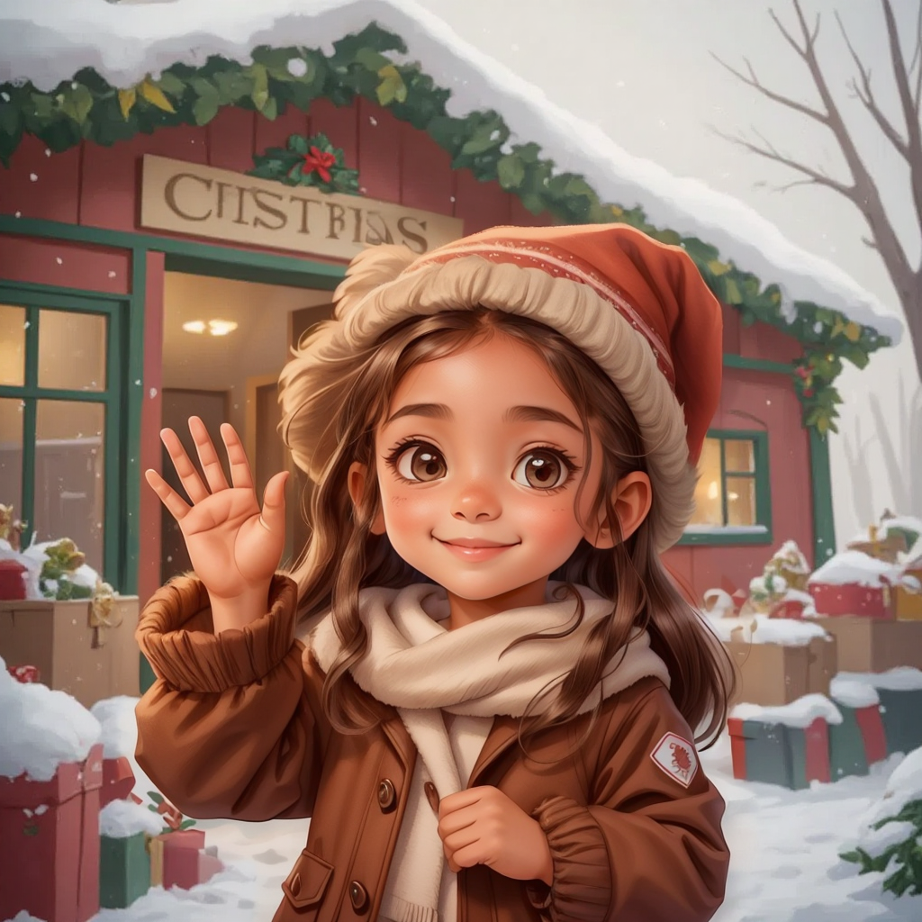 Sarah waving goodbye at christmas gift and toys factory, looking tired but happy. Snowy day