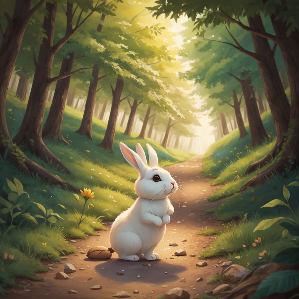 Luna, a curious little bunny, standing near the edge of the Rainbow Forest, looking excited. Tall, colorful trees in the background.