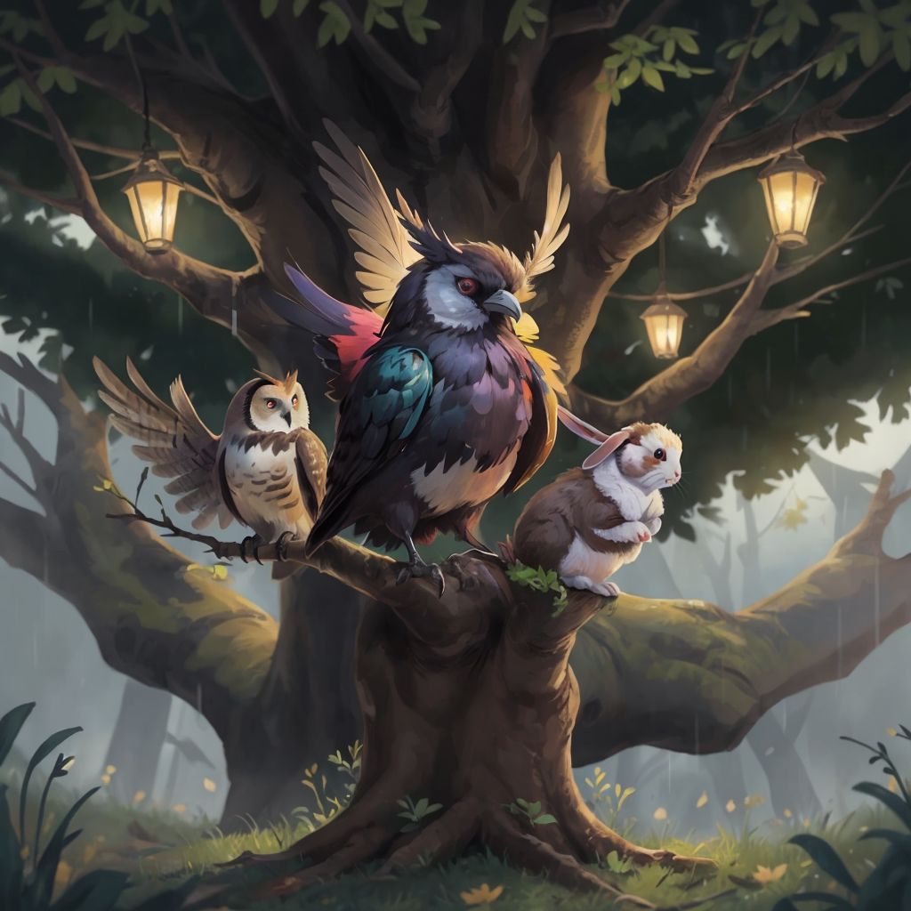 THE MULTICOLORED RAVEN, Lily the rabbit, and Oliver the owl huddled together under a large tree during a stormy night