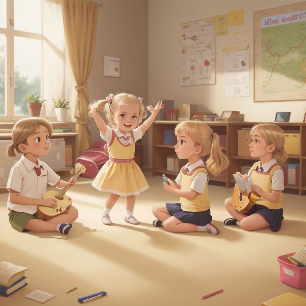 Kensie dancing with classmates on the classroom carpet during circle time, all singing and playing musical instruments