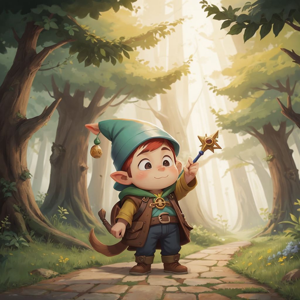 Henry the Gnomekin waving goodbye with a charm on his wand, a mystical path ahead