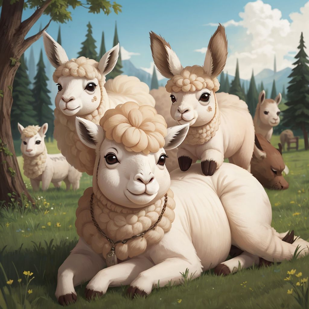 Annie the alpaca in her meadow, talking to other young animals, with a confident expression, her parents watching proudly.