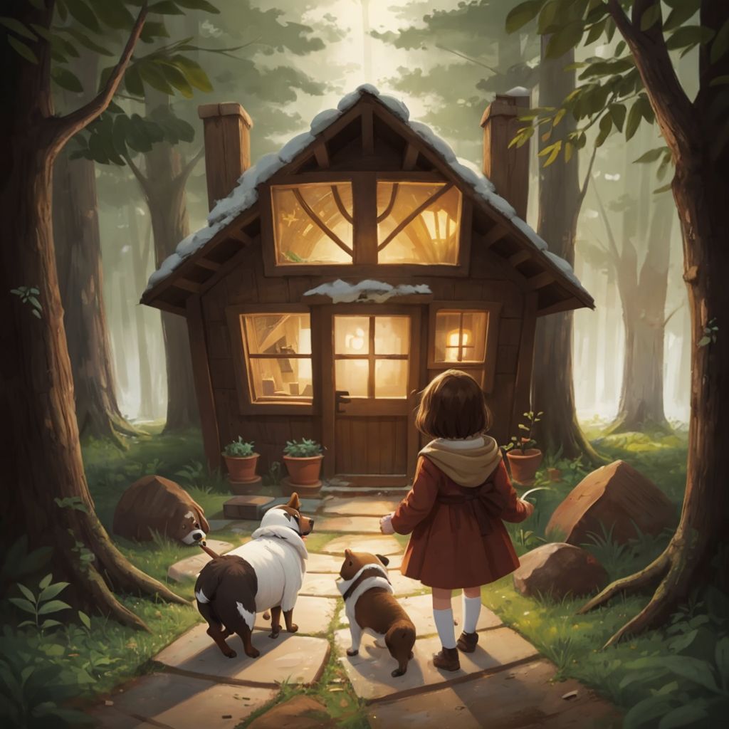 A large mysterious house with glowing windows in a forest clearing, Buzzie Too (a brown and white terrier) standing next to a young girl at the door