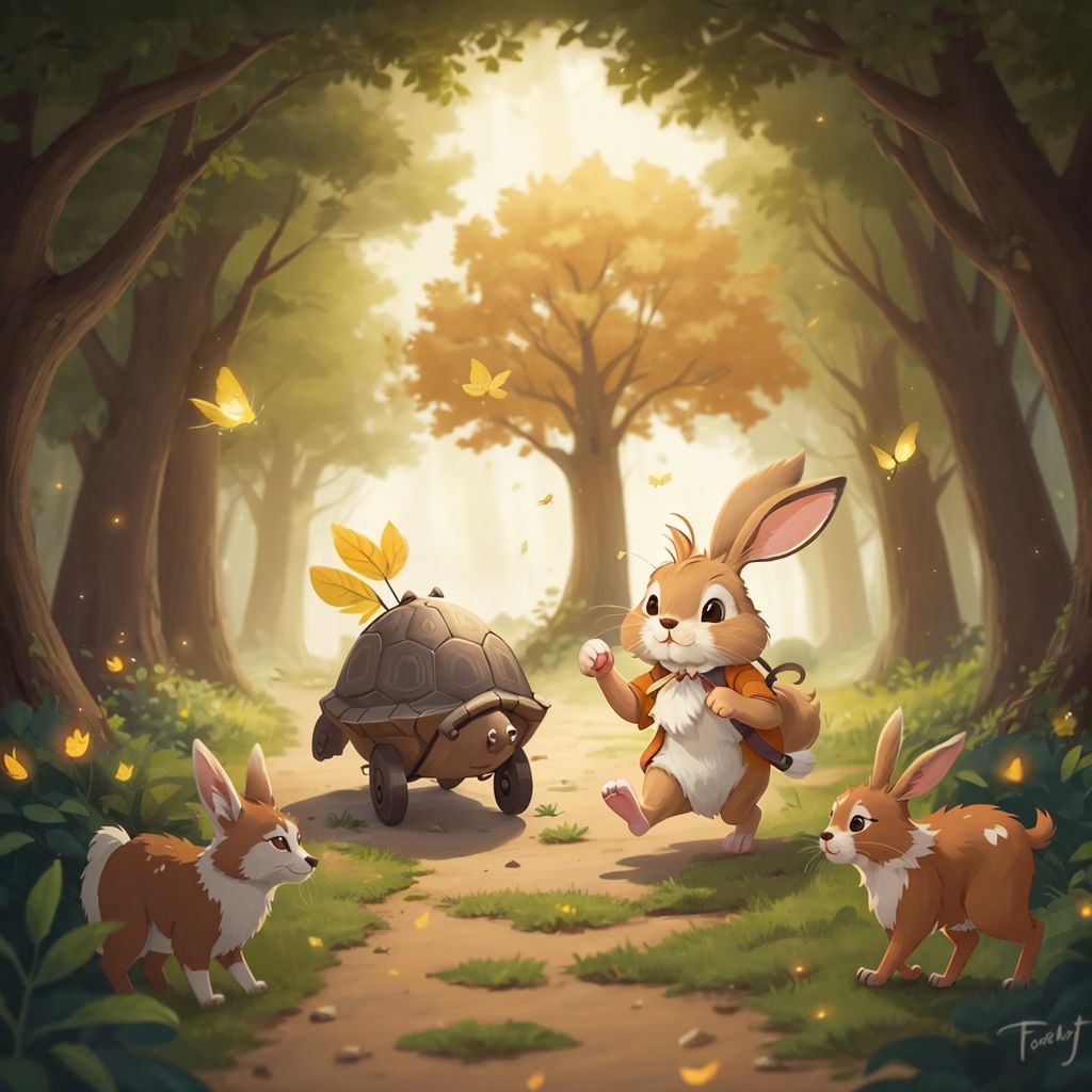 Turtle and Rabbit shake paws/hands under the spreading branches of the oak tree. Both are smiling warmly at each other. Turtle still wears his victory wreath while Rabbit stands tall with renewed respect. Forest animals applaud the new friendship. The golden sunset bathes everything in warm light as fireflies begin to appear.