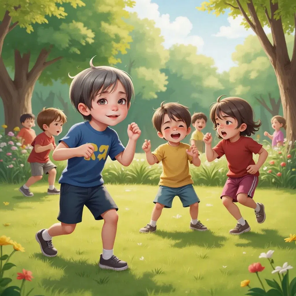 Artem and his friends laughing and playing in the park, with shadows fading and the sun shining brightly