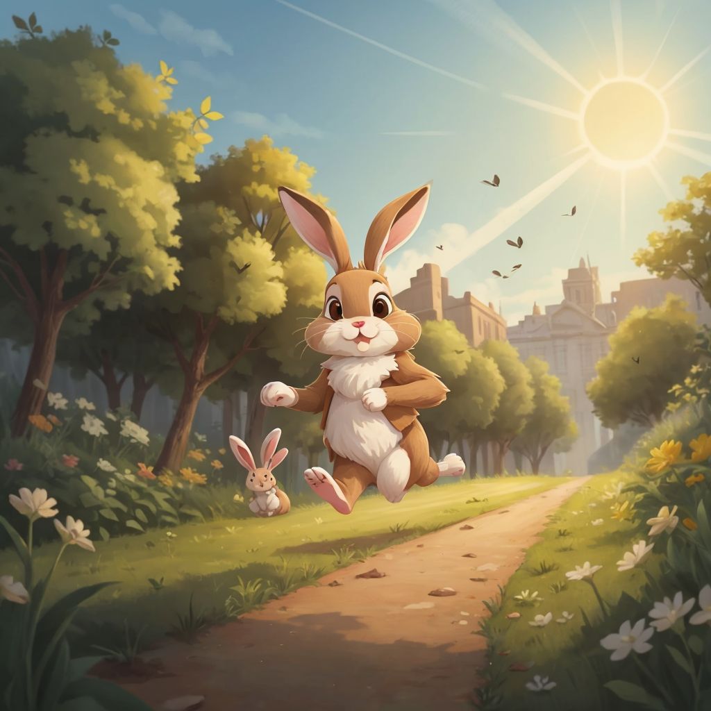 Rabbit sits bolt upright with wide eyes and a shocked expression, one paw to his mouth. The sun is now lower in the sky, casting long shadows. Rabbit looks frantically in both directions of the empty path. His fur is disheveled from sleeping, with a small clover leaf stuck to his ear.