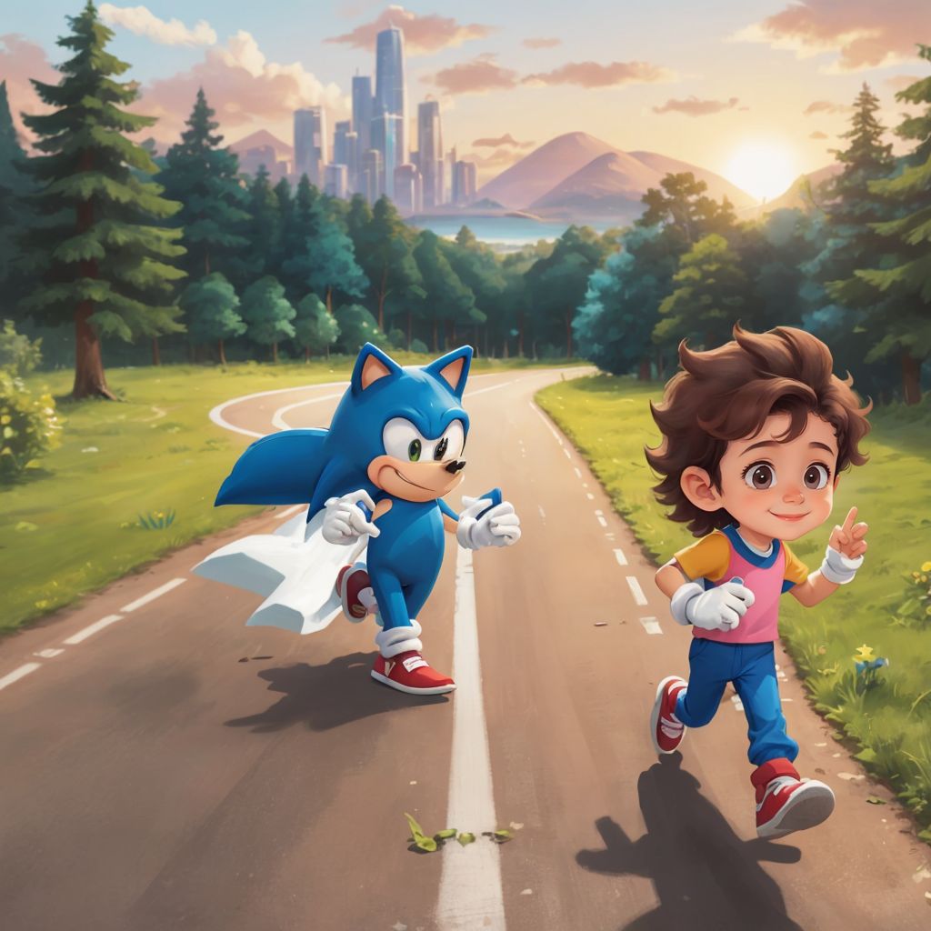 Sonic the Hedgehog waving goodbye, dashing into the sunset, leaving a blue trail, Zain standing in the park smiling