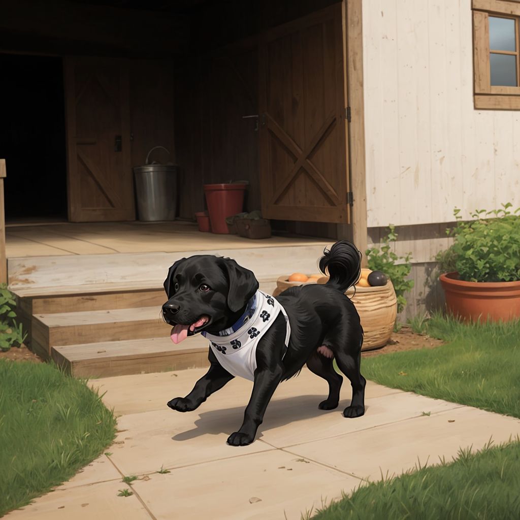 Charley Bear wagging his tail excitedly at the entrance of Pap's farm