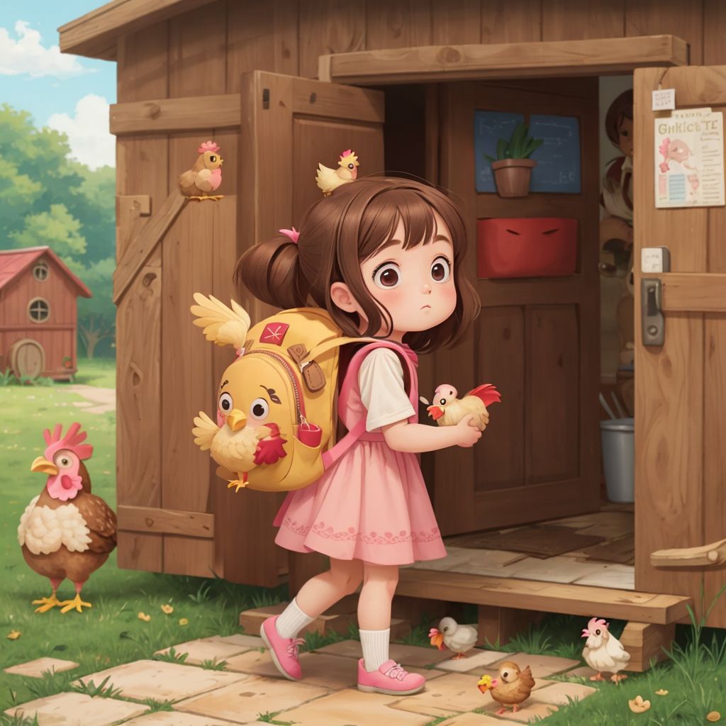 Rosie gently pushing open the creaky door of the chicken house, her little backpack visible.