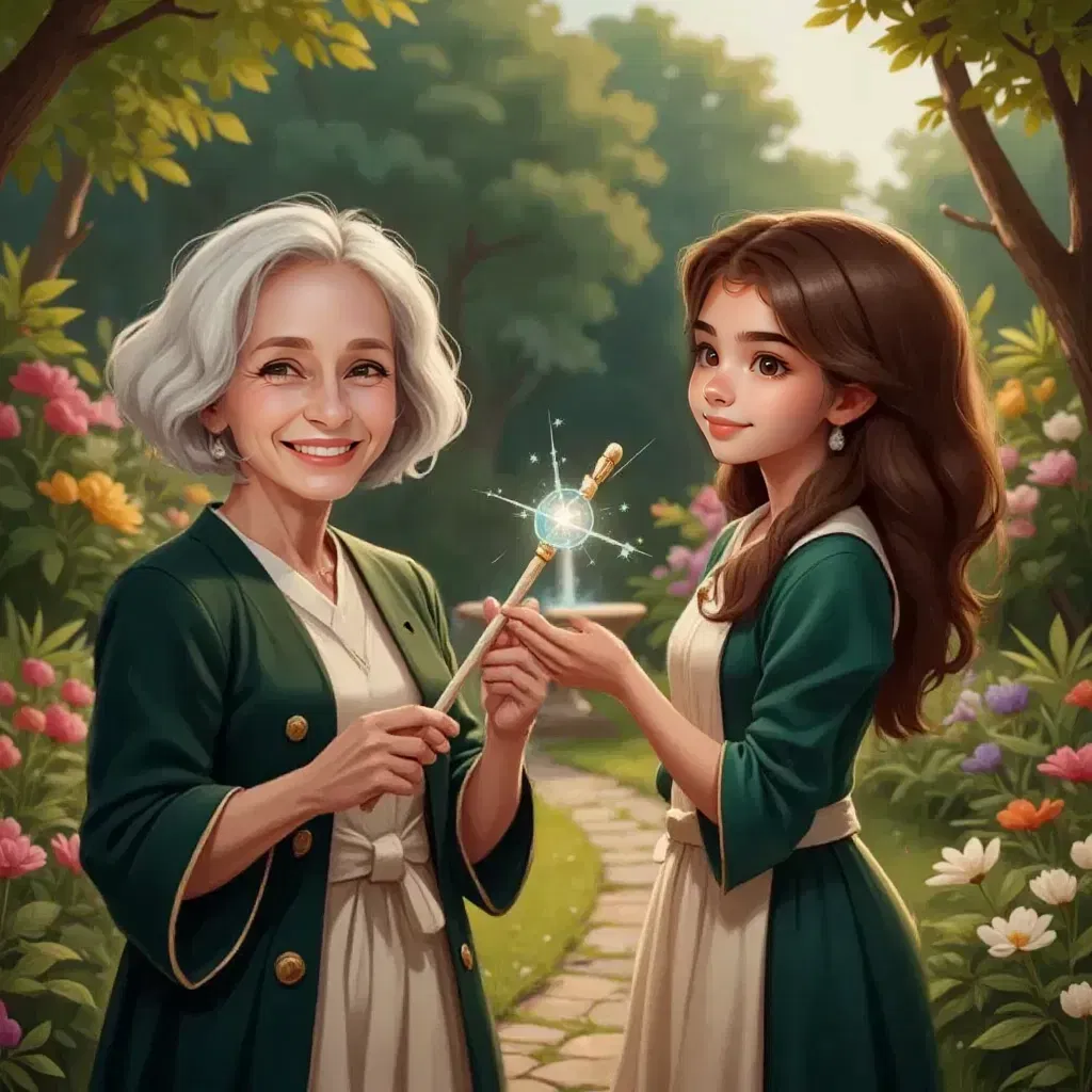 Barbara presenting Maya with an ornate wand made of white wood with crystal accents in the enchanted garden