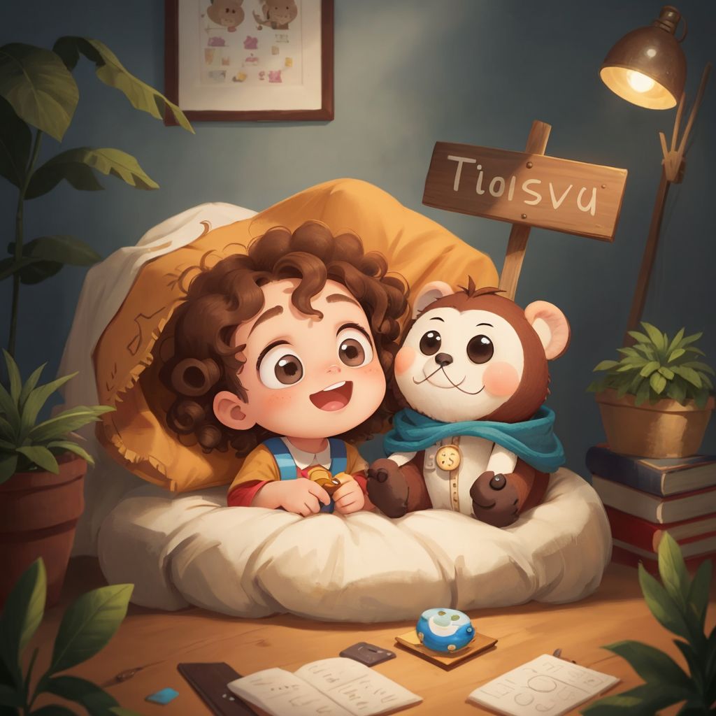 A Boy with curly hair and a well-loved stuffed Monkey with button eyes inside a fort made of blankets, with a 'No grown-ups allowed' sign.