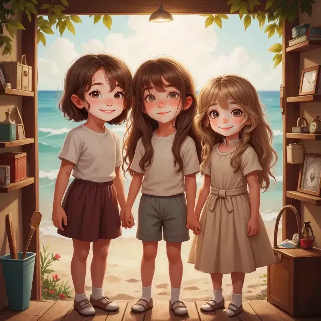 Reign, Lillie, and Jane lsmilimg ooking back on their journey, surrounded by memories  from Sea and Grandpys  basemant and treasuring thier family 