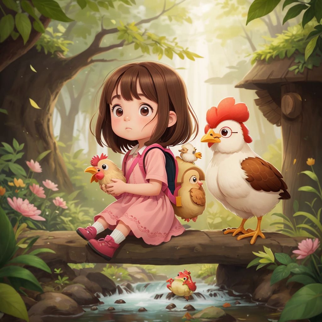 Rosie and Red standing on a tiny bridge over a bubbling stream, curious frogs hopping around.