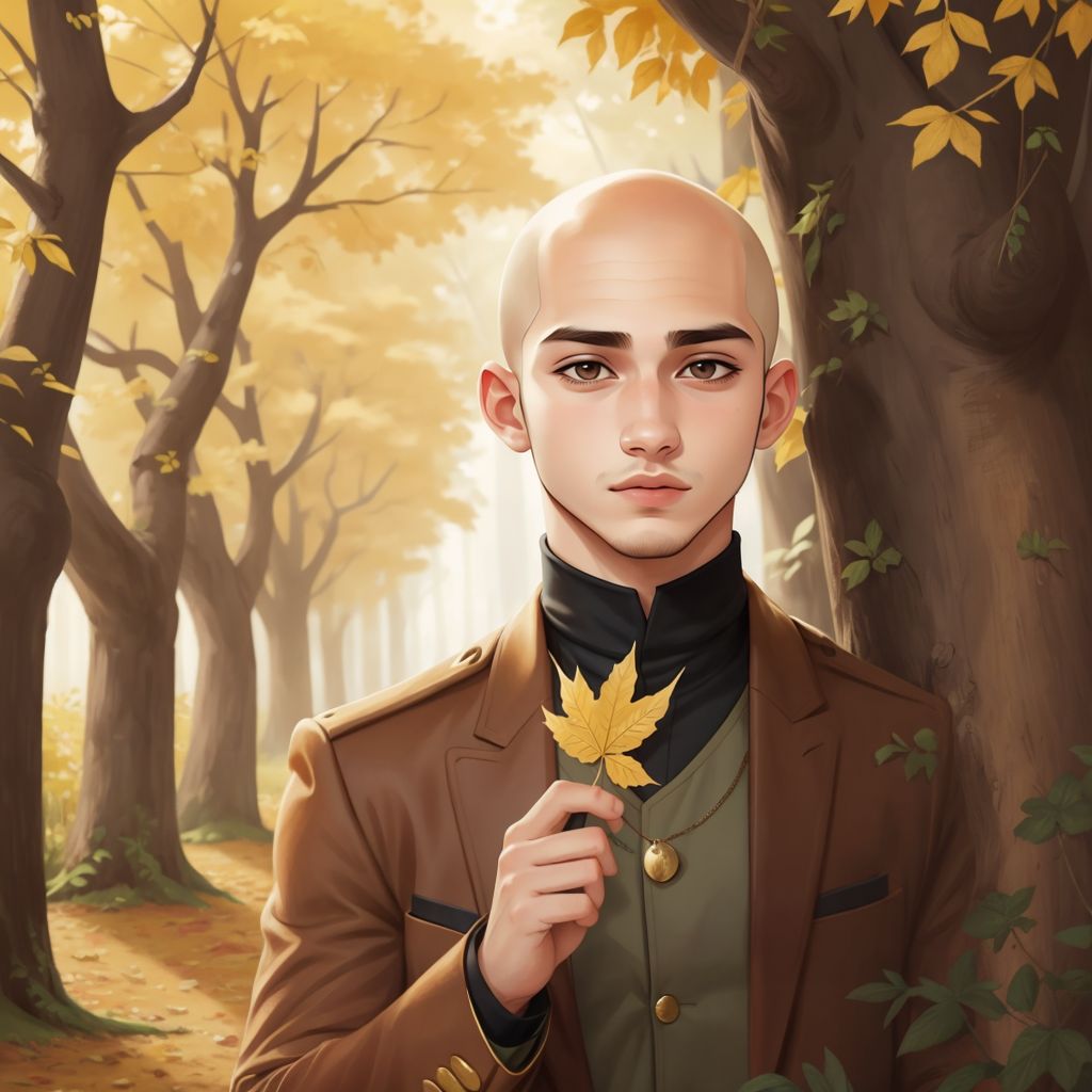 Adam holding a golden leaf, with talking trees around him in a grove.