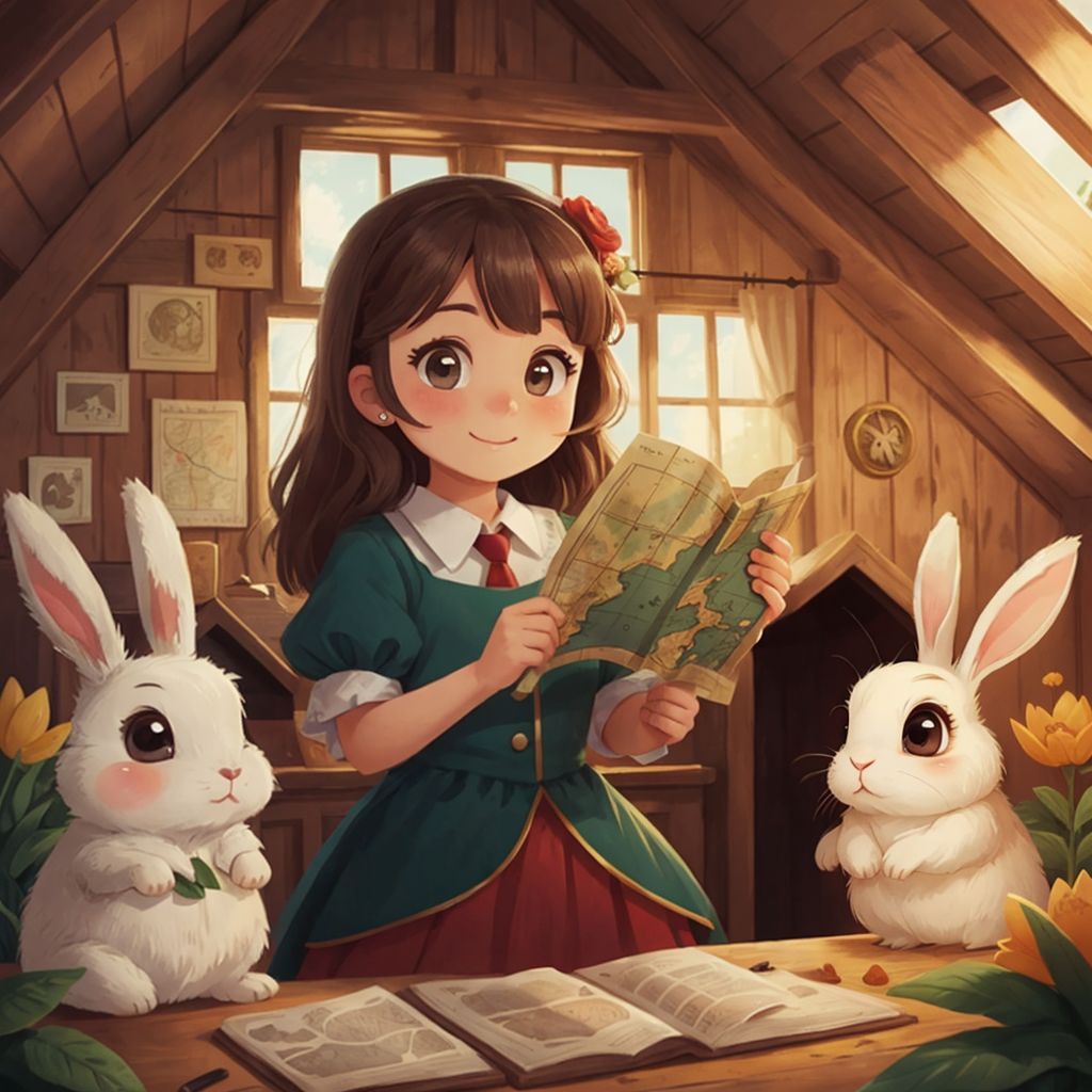 Marry holding an old map with excitement on her face, Bax Bunny with big curious eyes hopping beside her, in a sunny attic