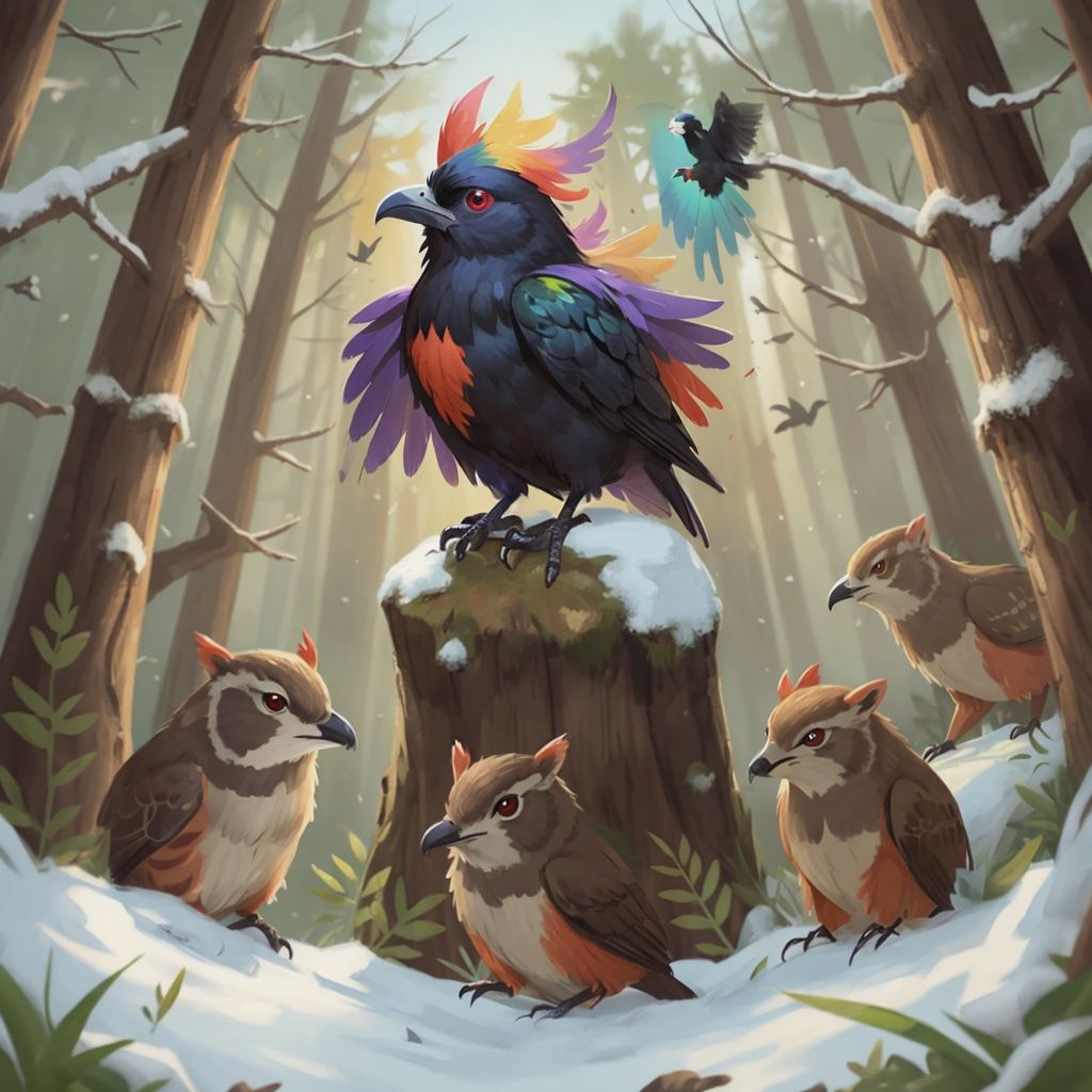 THE MULTICOLORED RAVEN surrounded by various forest animals looking up at him admiringly