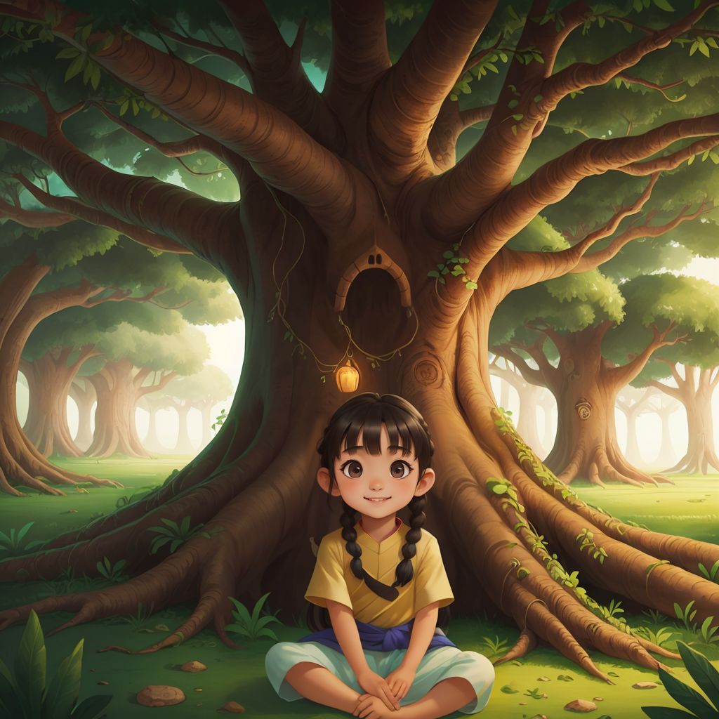 Meera sitting beneath the ancient banyan tree, Baniyan, with sprawling roots and wide branches, a faint glow coming from a hollow