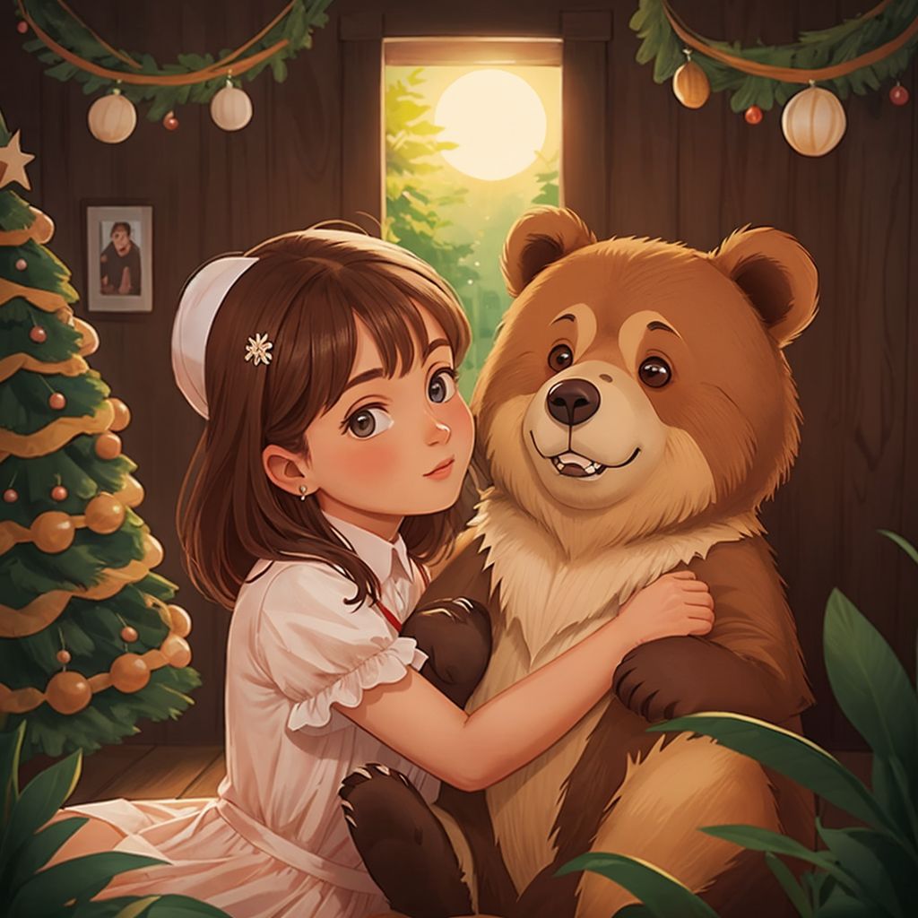 Duda the bear and The mom bear dancing together, surrounded by a festive atmosphere with the setting sun