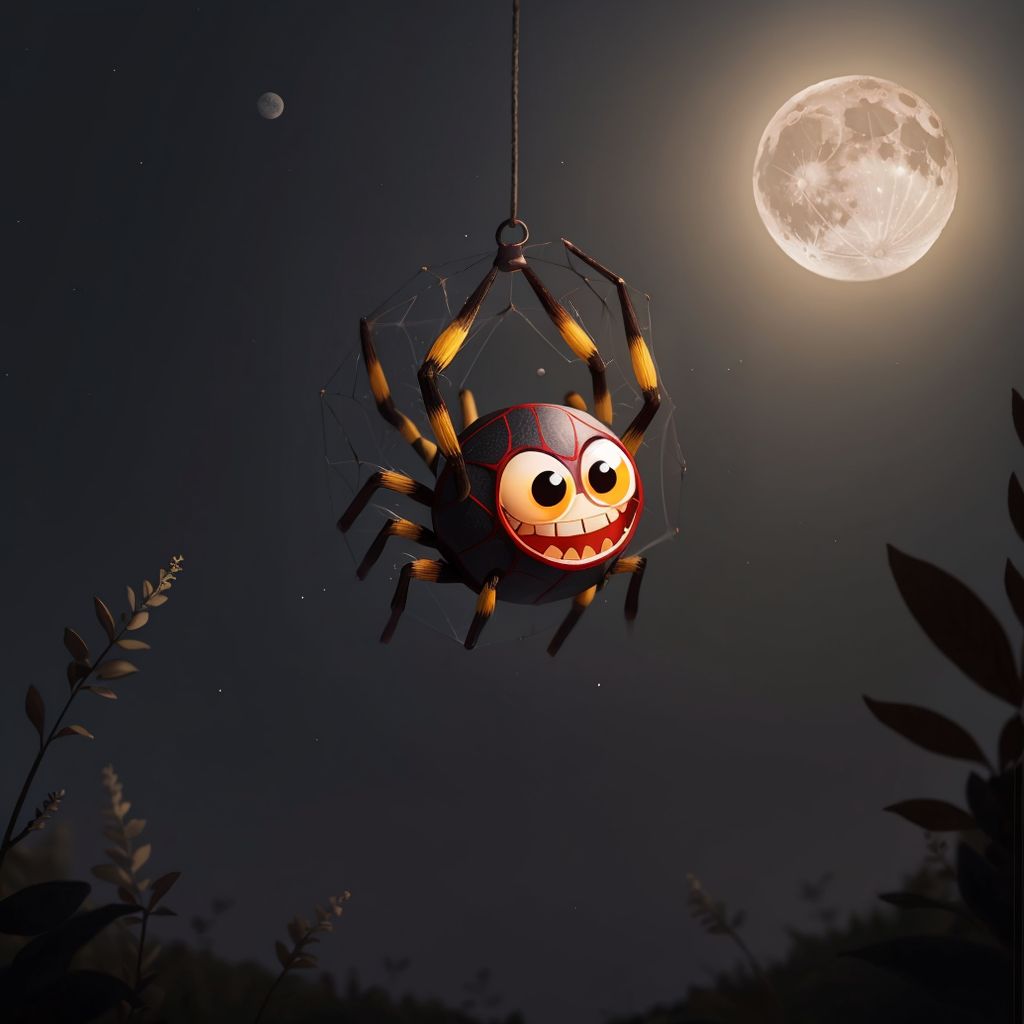 Tommy the spider spinning a sparkling web in the moonlight, with a big smile