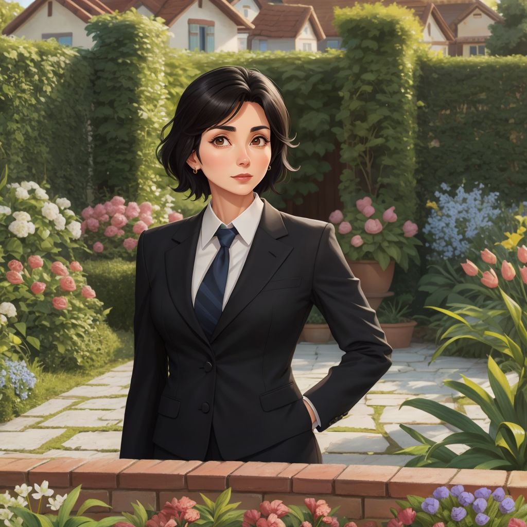 Cecilia standing in front of a beautiful garden with houses in the background, smiling warmly