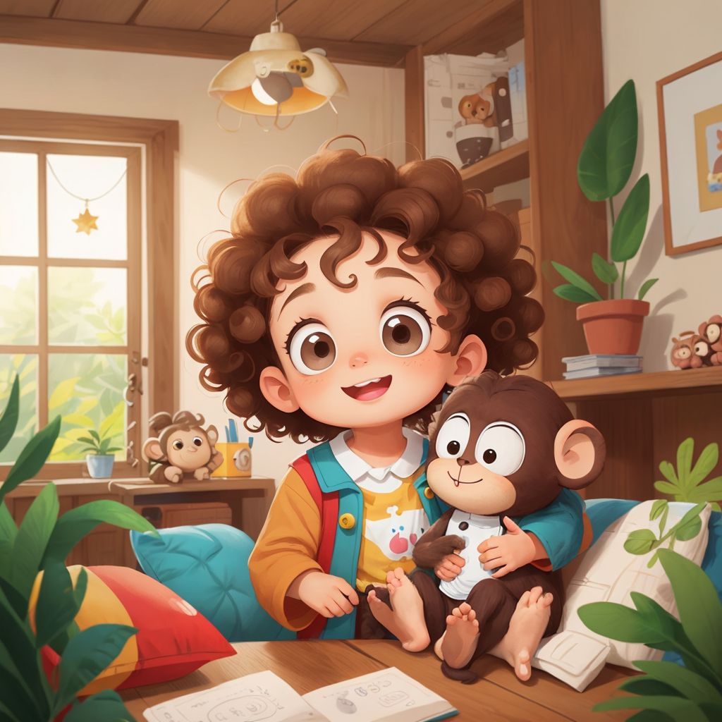 A Boy with curly hair leading a well-loved stuffed Monkey with button eyes through a room transformed into a jungle with cushions and greenery.