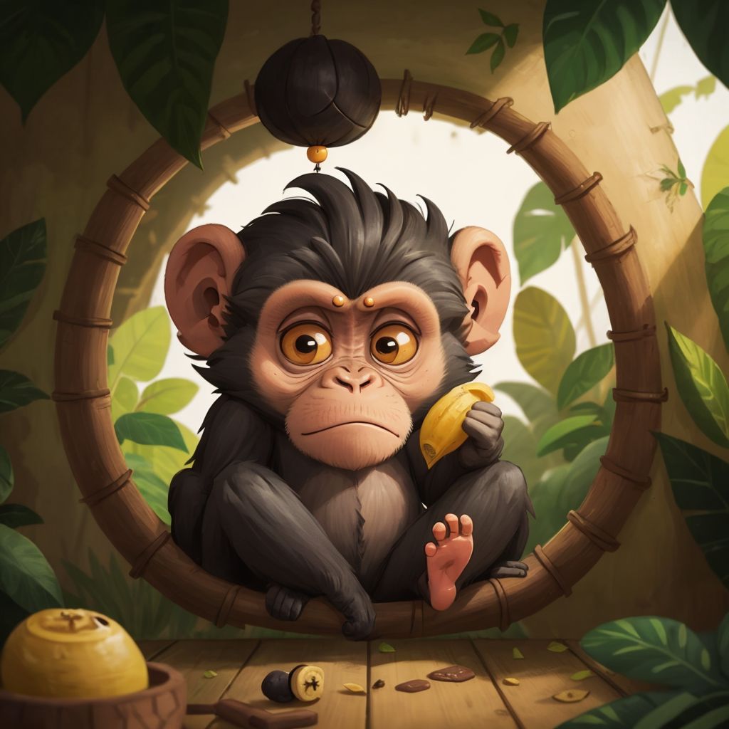 Max the black monkey sitting in a small jungle jail, looking scared and guilty, with a single ripe banana in his pocket