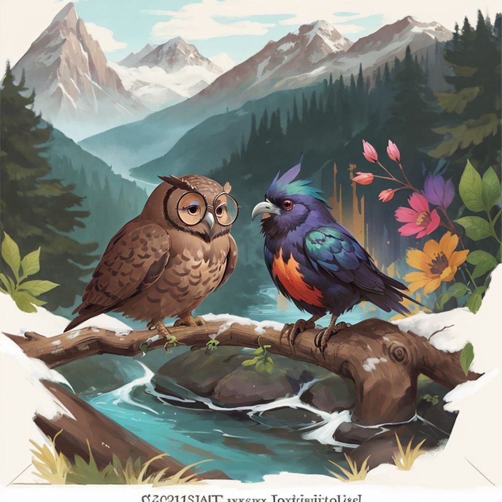 A wise old brown owl with spectacles sitting on an ancient oak branch, speaking to THE MULTICOLORED RAVEN. Mountains and rivers visible in the background.