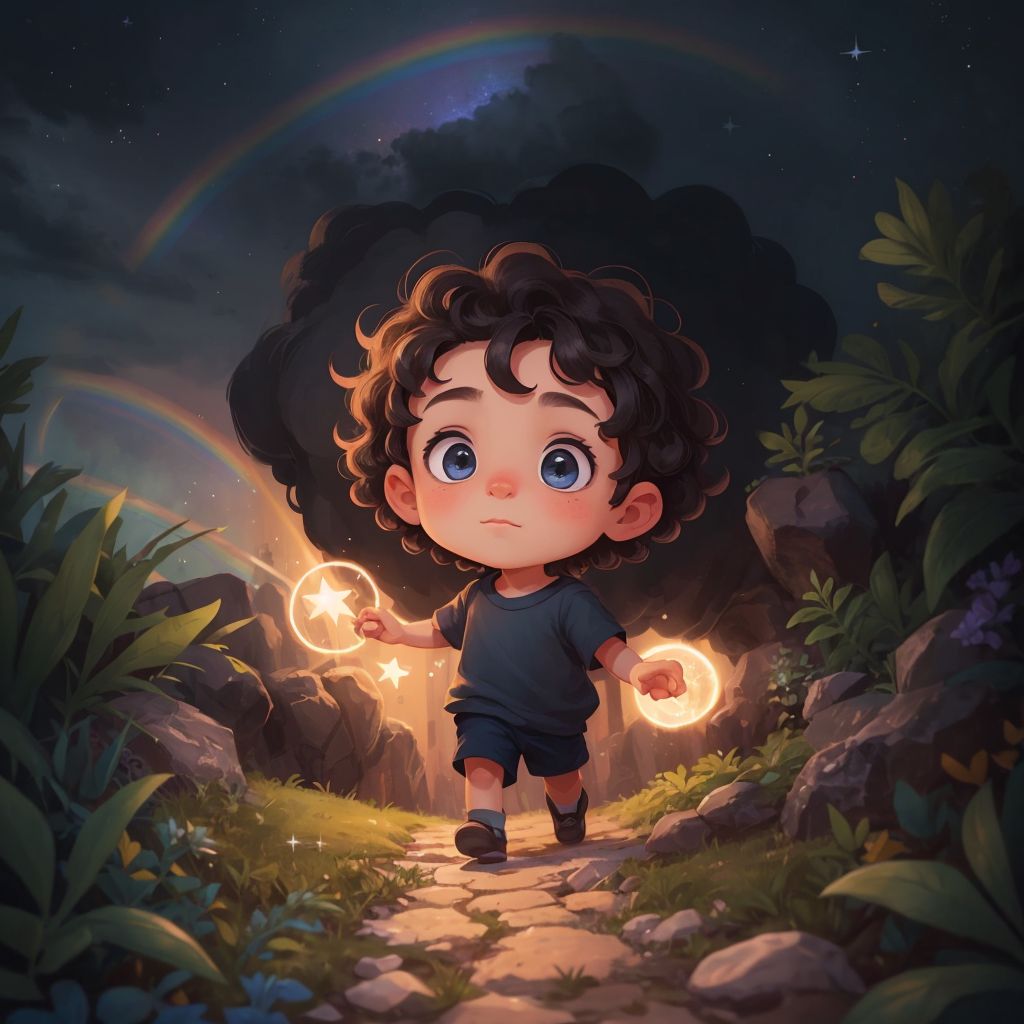 Zéphyr walking back to Lumina with vibrant rainbow colors trailing behind him